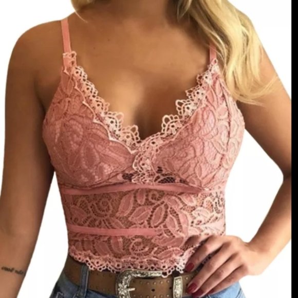 Soft floral stretch lace bralette bra Coral pink, many sizes! - Picture 1 of 3